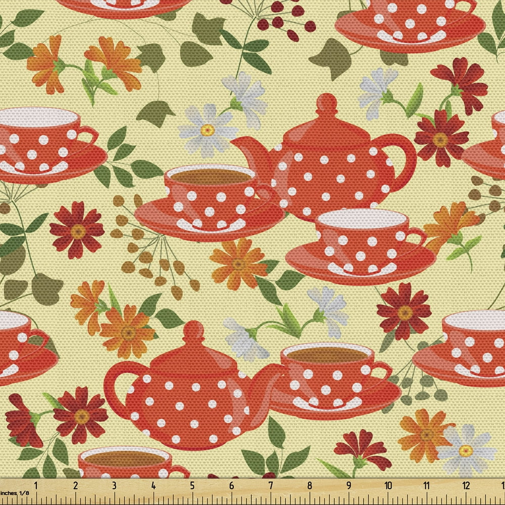 Tea Party Fabric by the Yard Traditional Polka Dots with Teapot and