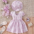 thumbnail image 2 of Inadays Toddler Baby Girl Floral Jacquard Puff Sleeve Dress Summer Bowknot Princess A-line Dresses Kids Birthday Ball Gown Party Pageant Dresses with Hat, Purple, 4-5 Years, 2 of 9