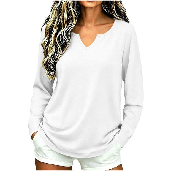 SHTXOZHI Women's Long Sleeve T-shirts Casual Notch Neck Loose Shirts Solid Color Basic Tee Tops
