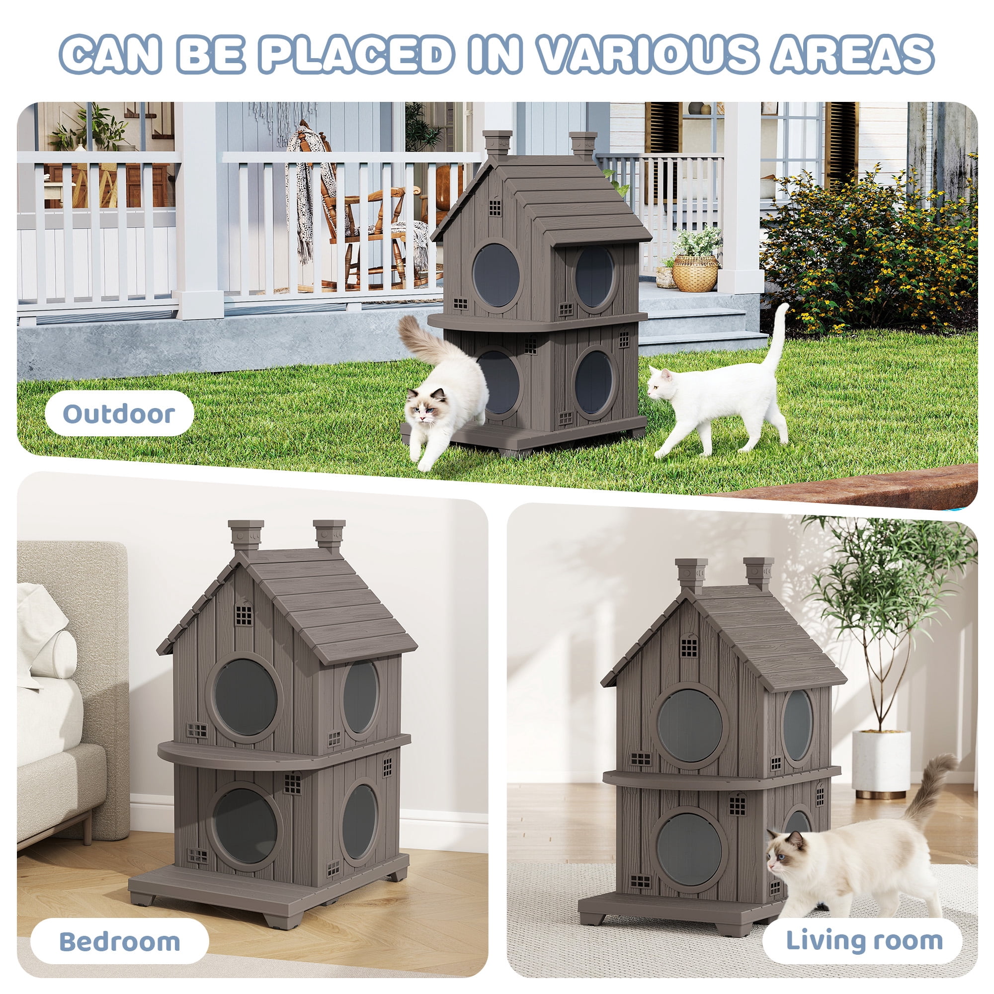 Bifanuo Outdoor Cat House,Weatherproof Resin Cat House,Multi-Layer,Villa-Style Outdoor Cat Shelter,Assemble Easily for Home & Yard,Gray