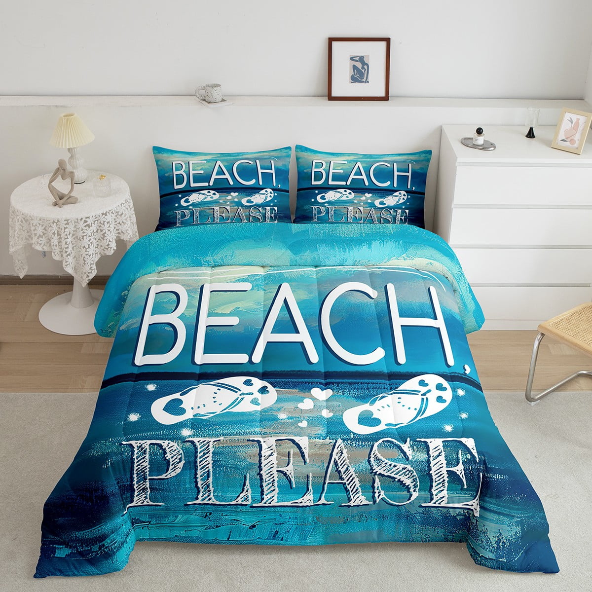 Summer Beach Comforter&nbsp;Set Hawaii Flip Flops King Bedding&nbsp;Comforter&nbsp;Sets for Girls,Sea Palm Tree Quilt Blue Ocean Duvet Insert,The Lake House Farmhouse Decor
