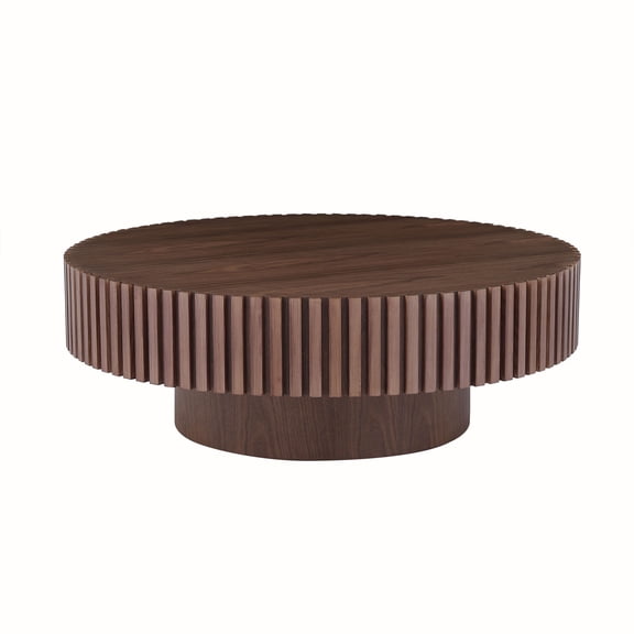 35.43 Inch Round Coffee Table for Small Spaces, Modern Pedestal Living Room Table with Walnut Finish, Ideal for Apartments and Contemporary Homes