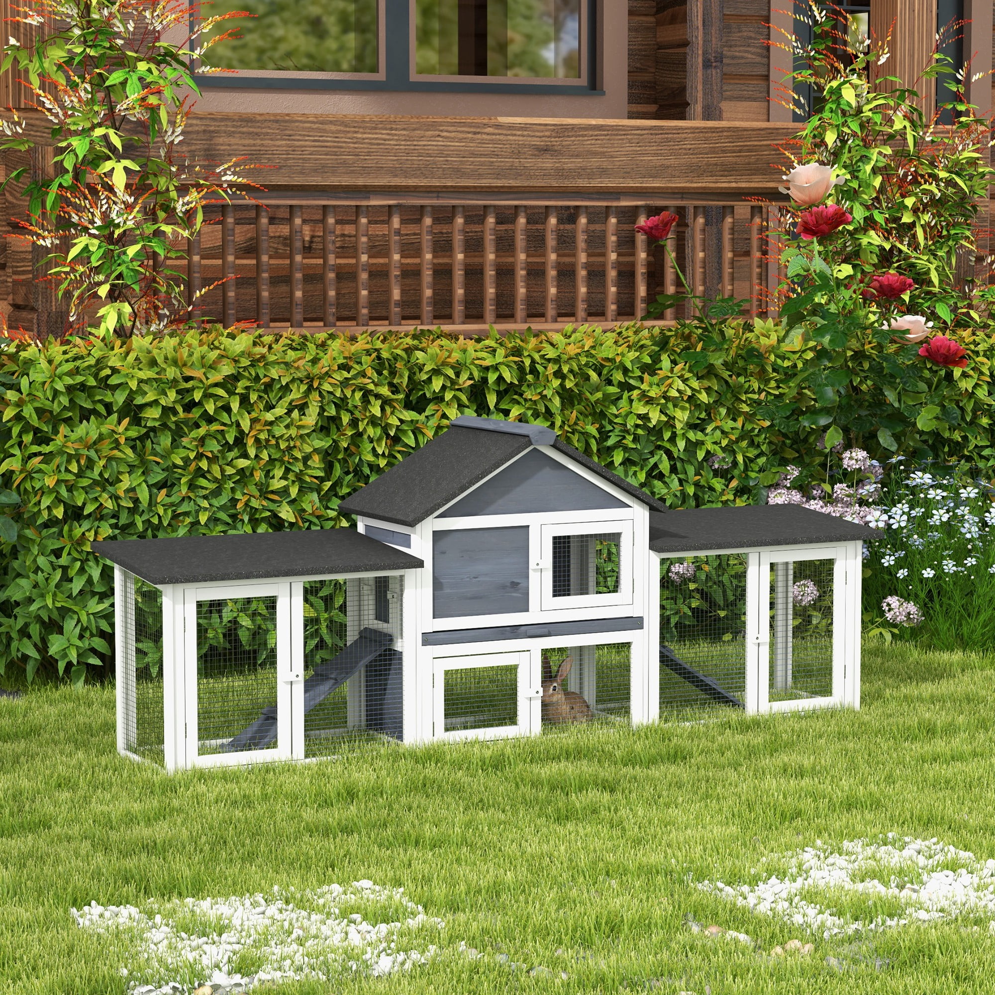 CoSoTower 83"L Outdoor Rabbit Hutch, Guinea Pig Cage Indoor Outdoor Wooden Bunny Hutch with Double Runs, Weatherproof Roof, Removable Tray, Ramps, Dark Gray