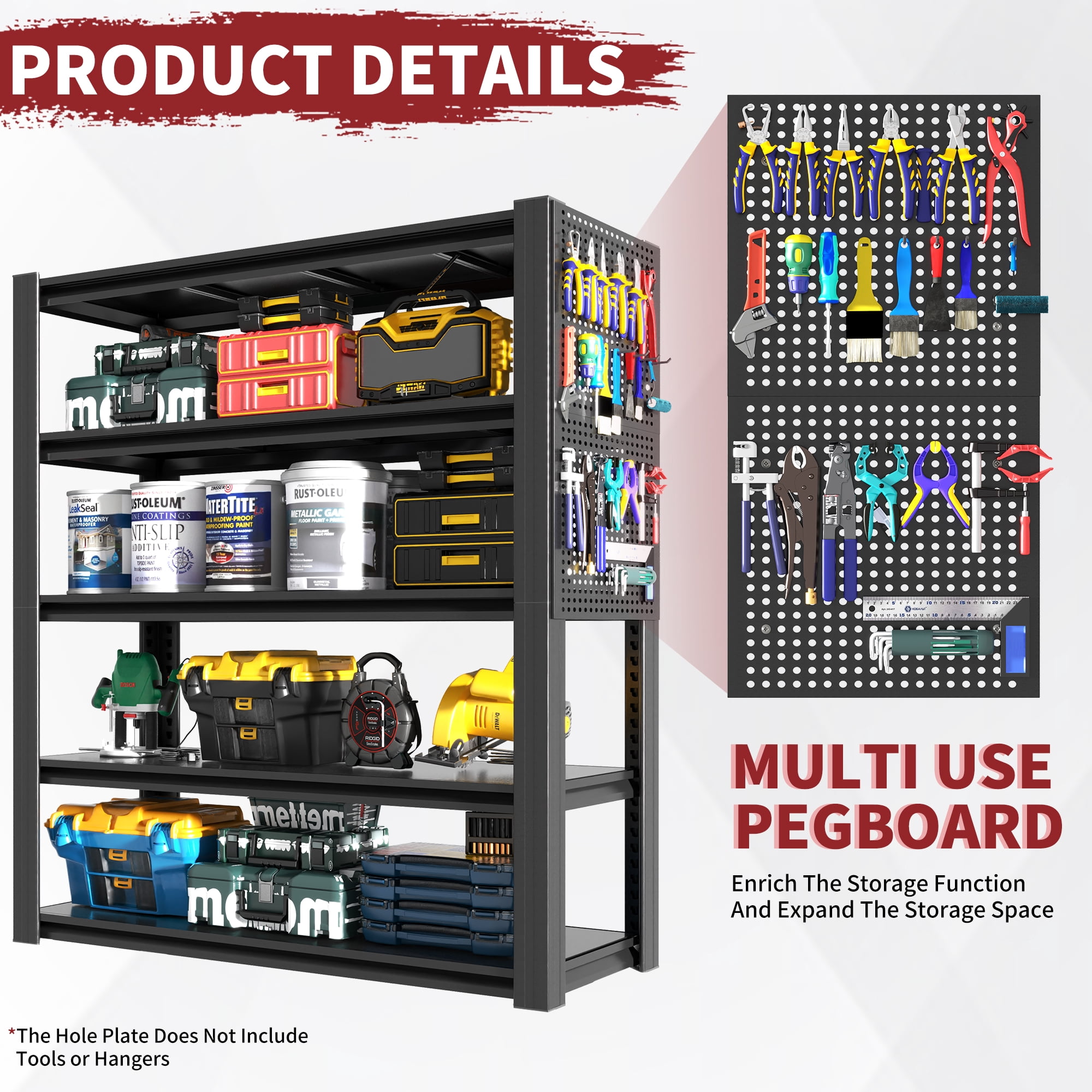 Alvantor 5 Tier Storage Shelves, Metal Storage Shelving with Pegboard & Adjustable Shelf for Garage Basement, 47.2"W*23.6"D*72"H Black
