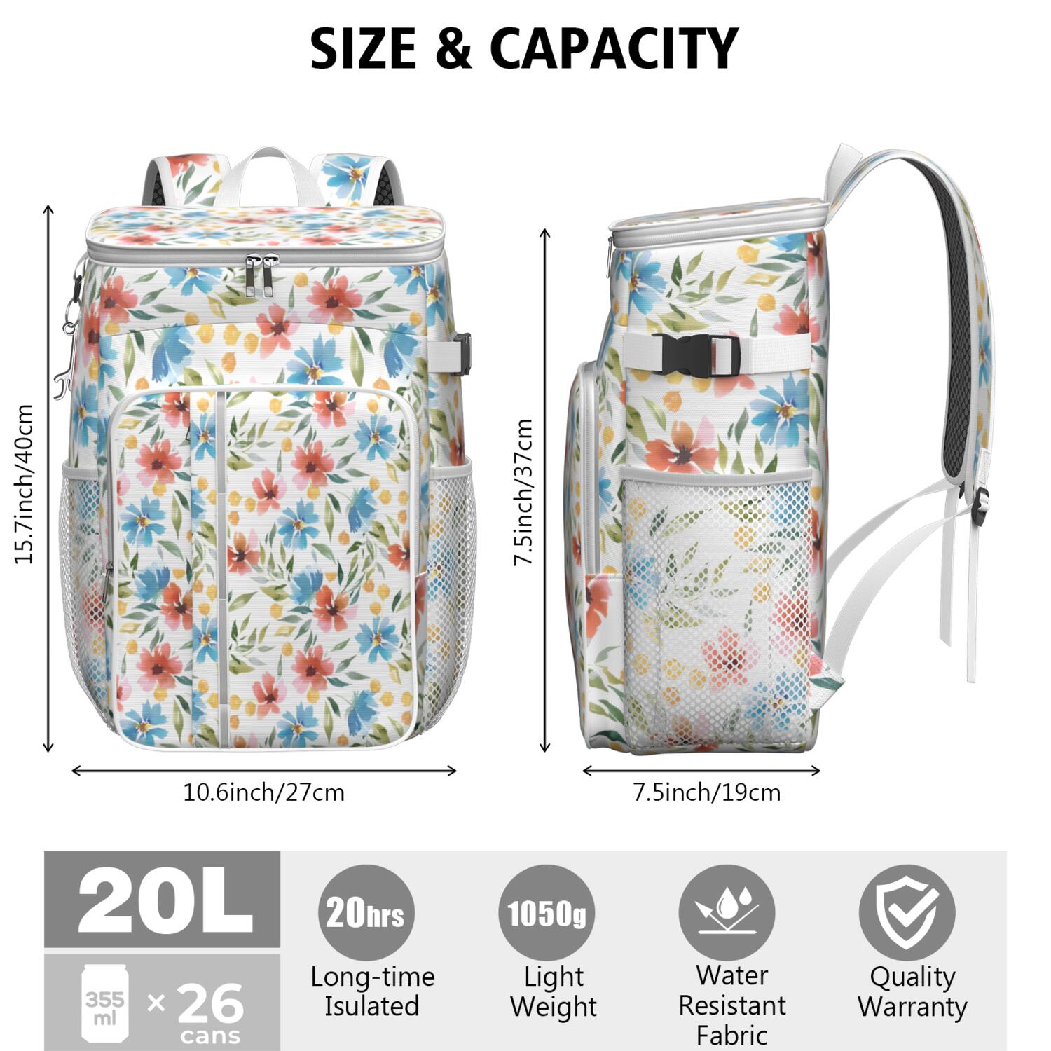Travel Cooler Bag - Pioneer Flower Floral Print Pattern Camping Beer Cooler Backpack with Bottle Opener- Waterproof Insulated Picnic Backpacks - Cooler Bag for Beach