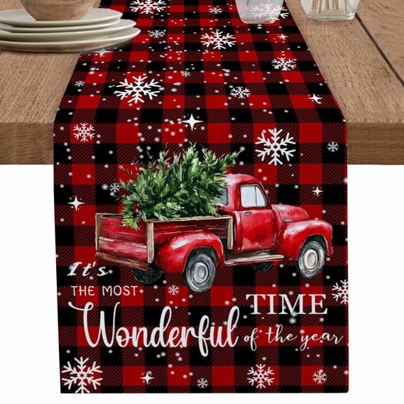 nqOlkjepod Christmas Truck Table Runner 90 Inches Long Farmhouse Dress Scarves, Red Black Buffalo Plaid Xmas Tree Snowflakes Dining Tablerunner for Coffee Table/Kitchen Island/Party Décor, 13" x 90"