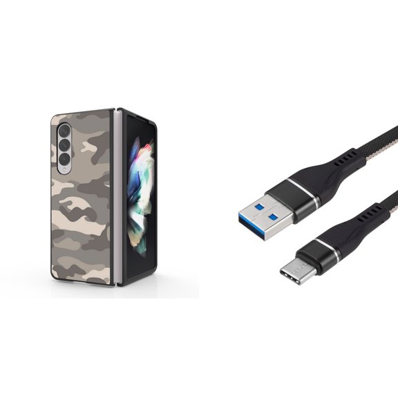 Accessory Bundle for Galaxy Z Fold 4: Slim Snap-On Case (Grey Camo), Nylon Braided USB-C to USB-A Cable (3 Feet)