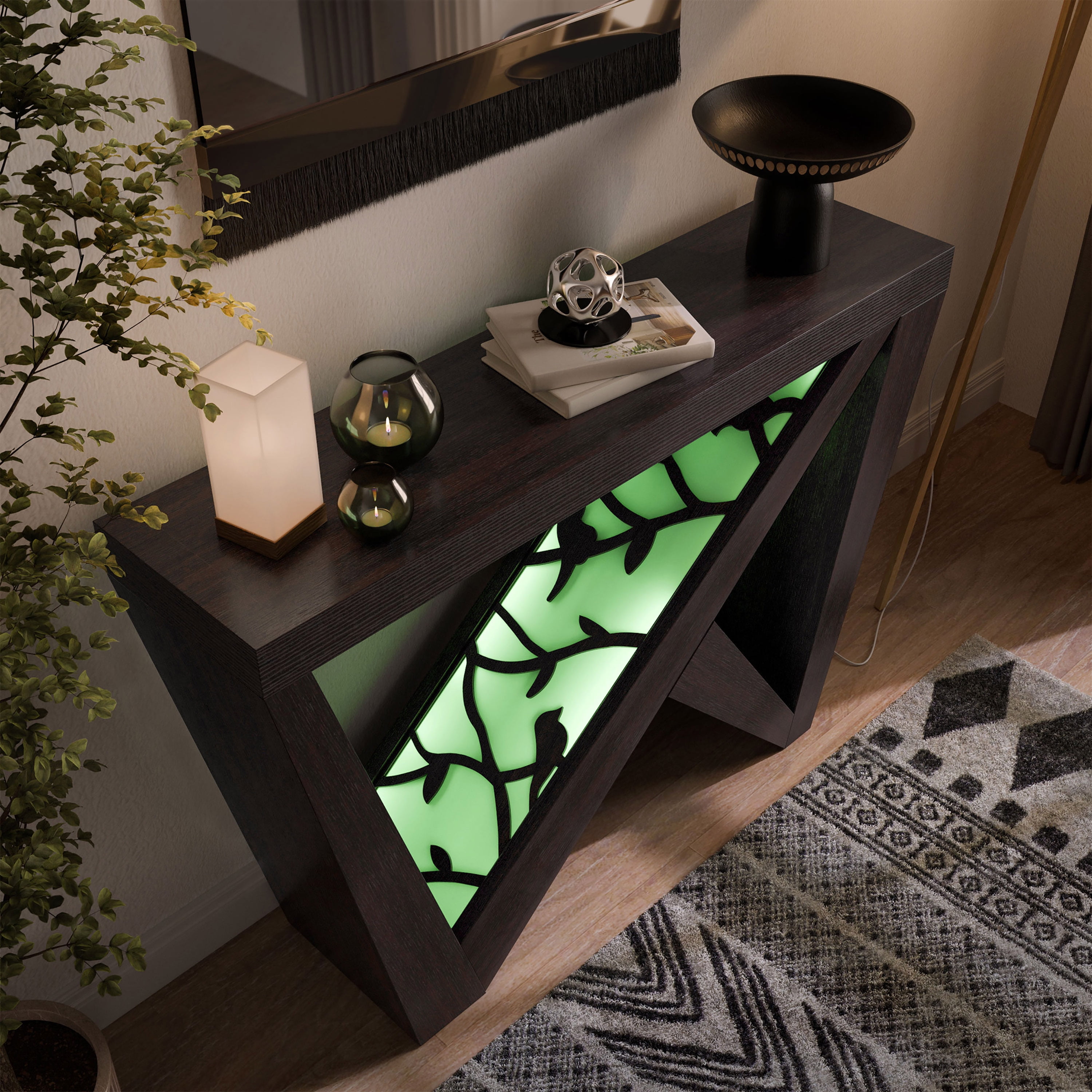 Furniture of America Wyll Contemporary LED Wood Console Table with Remote, Cappuccino