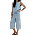 thumbnail image 3 of Purcolt Womens Summer 2 Piece Outfits Casual Crew Neck Sleeveless Tank Tops and Wide Leg Cropped Pants Loose Fit Loungewear Matching Set for Beach Vacation, 3 of 5