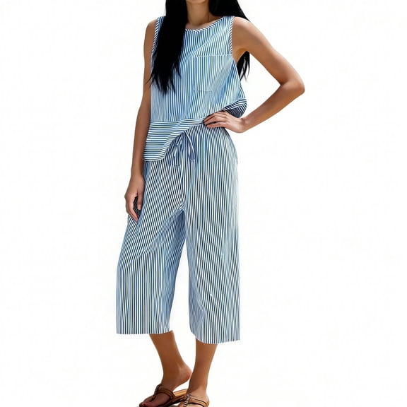 FAHXNVB Women's Cotton 2 Piece Outfits Striped Crewneck Tank Top and Drawstring Capri Pants Set Casual Lightweight Summer Sets