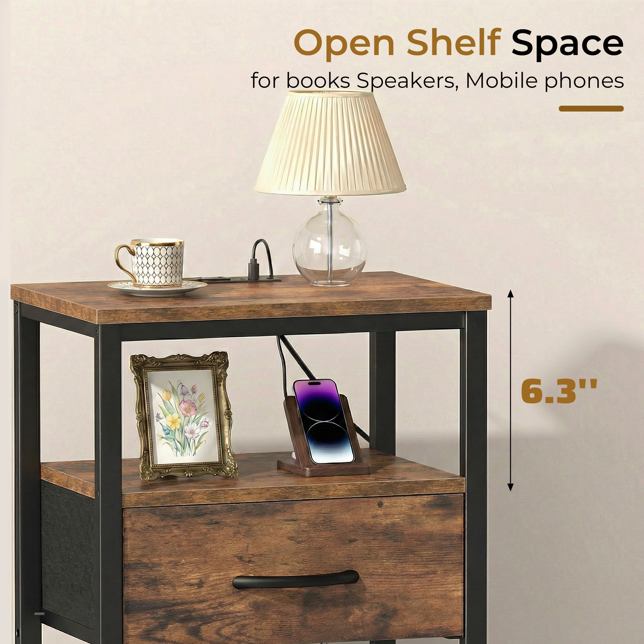EDX Wall-Mounted Bedside Table, Built-in Outlet with USB/Type-C Ports and Adjustable Drawer, 3-Tier Storage Shelf with Fabric Drawer for Bedroom Space Saving, Genuine antique wood color