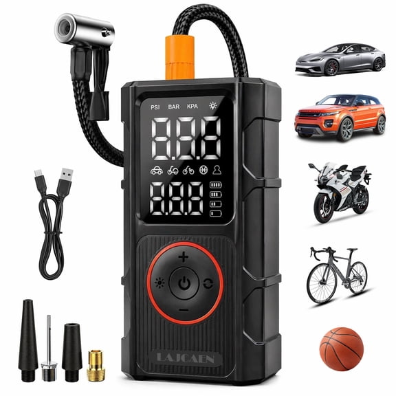 Tire Inflator Portable Air Compressor, 150PSI Dual Power - 6000mAh & 12V DC, Cordless Air Pump for Car Tires, Bikes, Motorcycle, Balls with LED & Digital Pressure Gauge