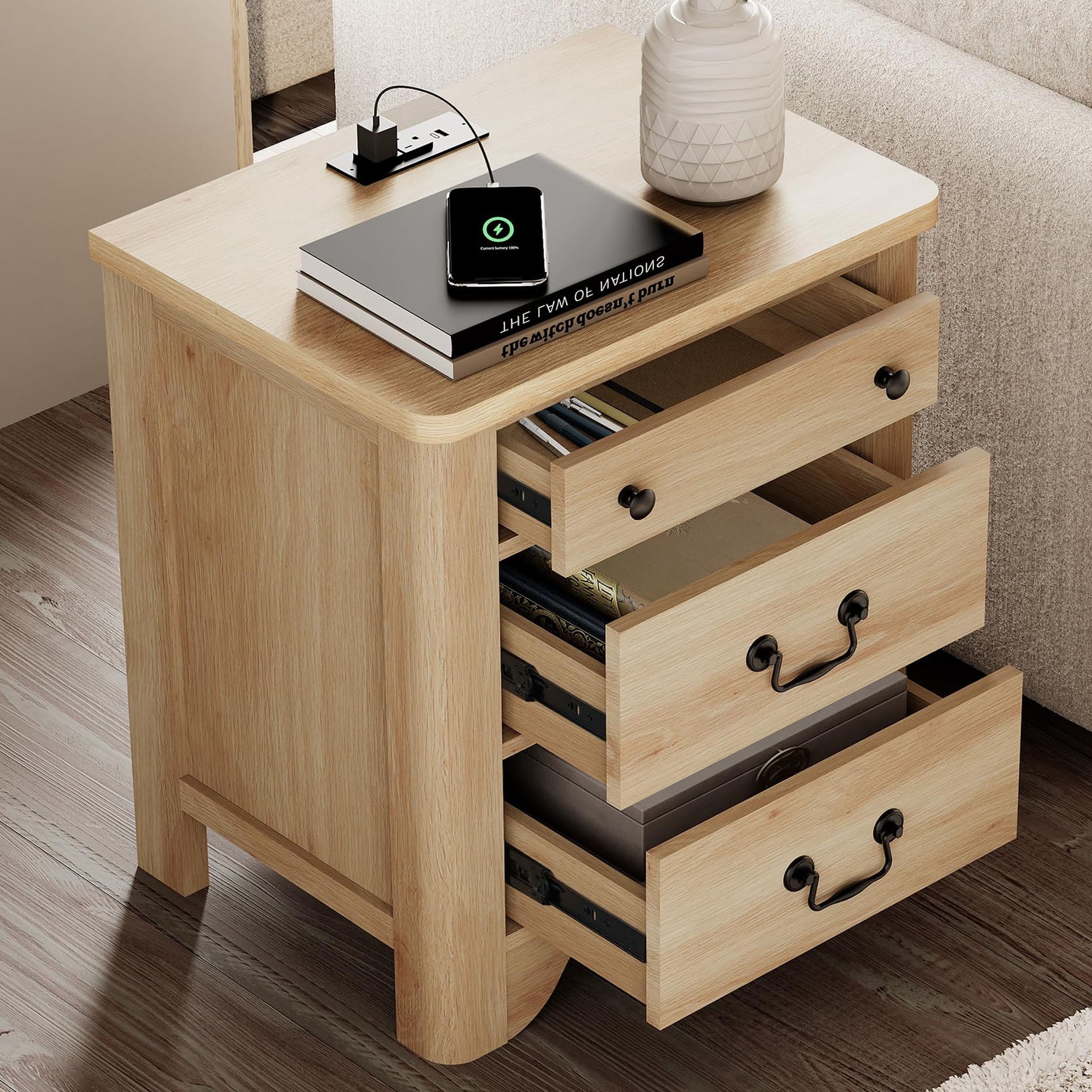 Farmhouse 3-Drawer End Table with Charging Station, Wood Side Table for Living Room, Oak