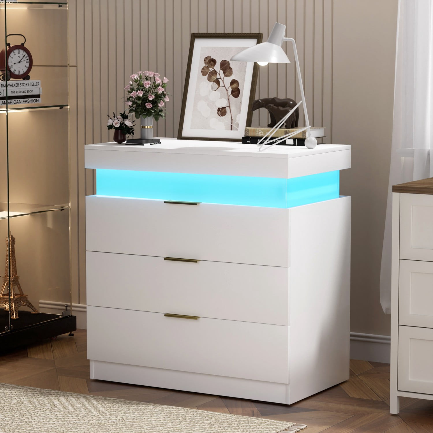 Nightstand with Charging Station and LED Lights, Modern Bedside Table with Sliding Top Drawer, 3 Storage Drawers End Table with USB Ports for Bedroom Living Room, White