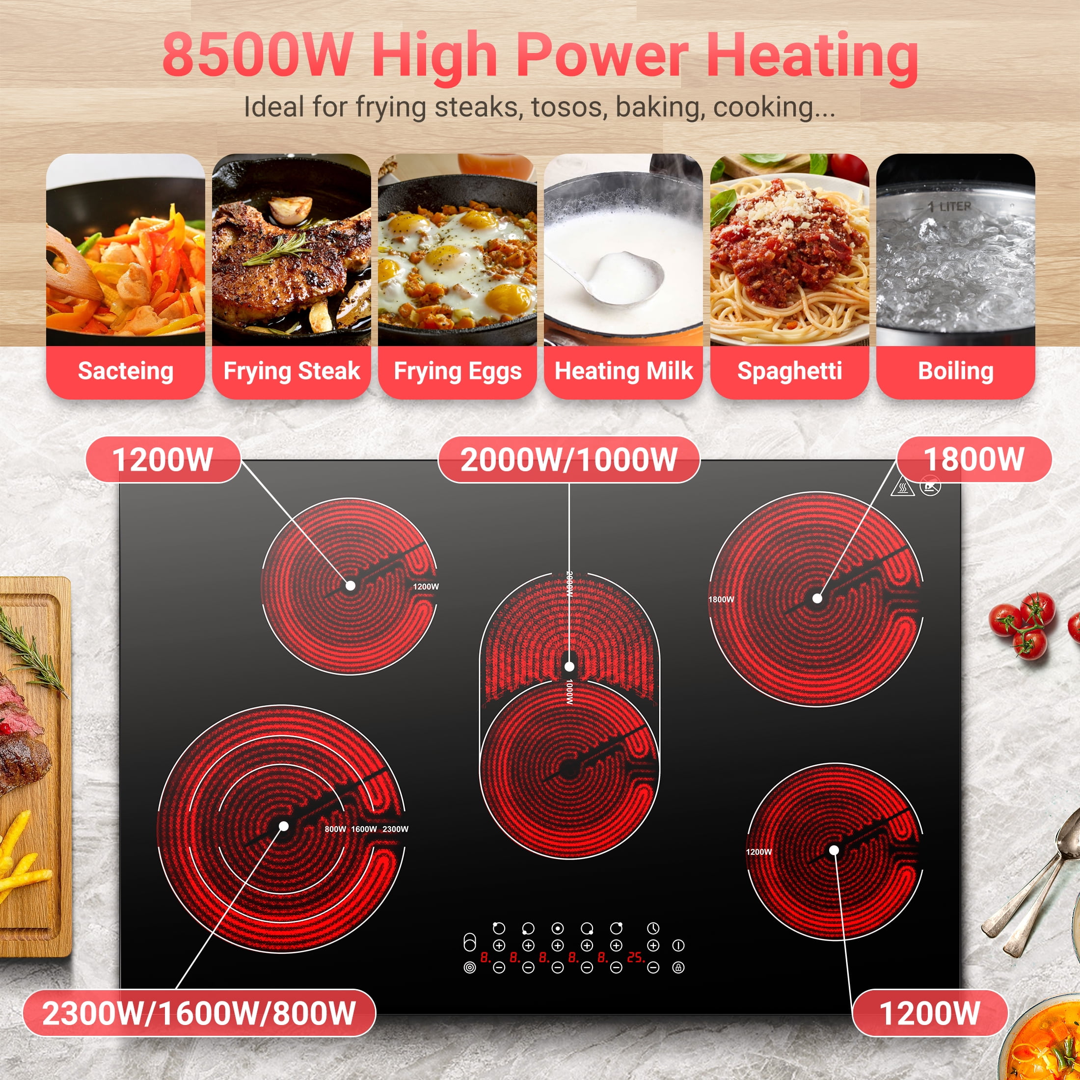 AMZCHEF 30 Inch Electric Stove Cooktop 8500W Built-in Electric Stove Cooktop with 5 Burners, Sensor Touch Control Safety Lock,220-240v, Hard Wire, No Plug