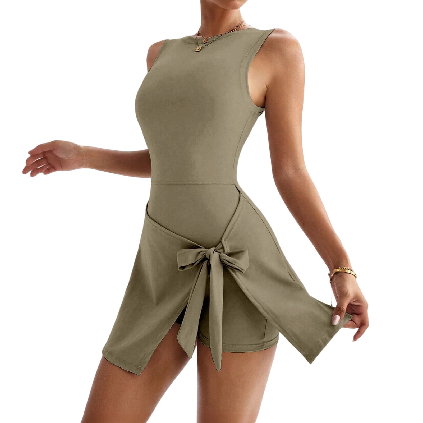 Miluxas Womens High Neck Tennis Dress Sleeveless Wrap Skirt Built in Shorts Golf Athletic Dress Workout Rompers Khaki