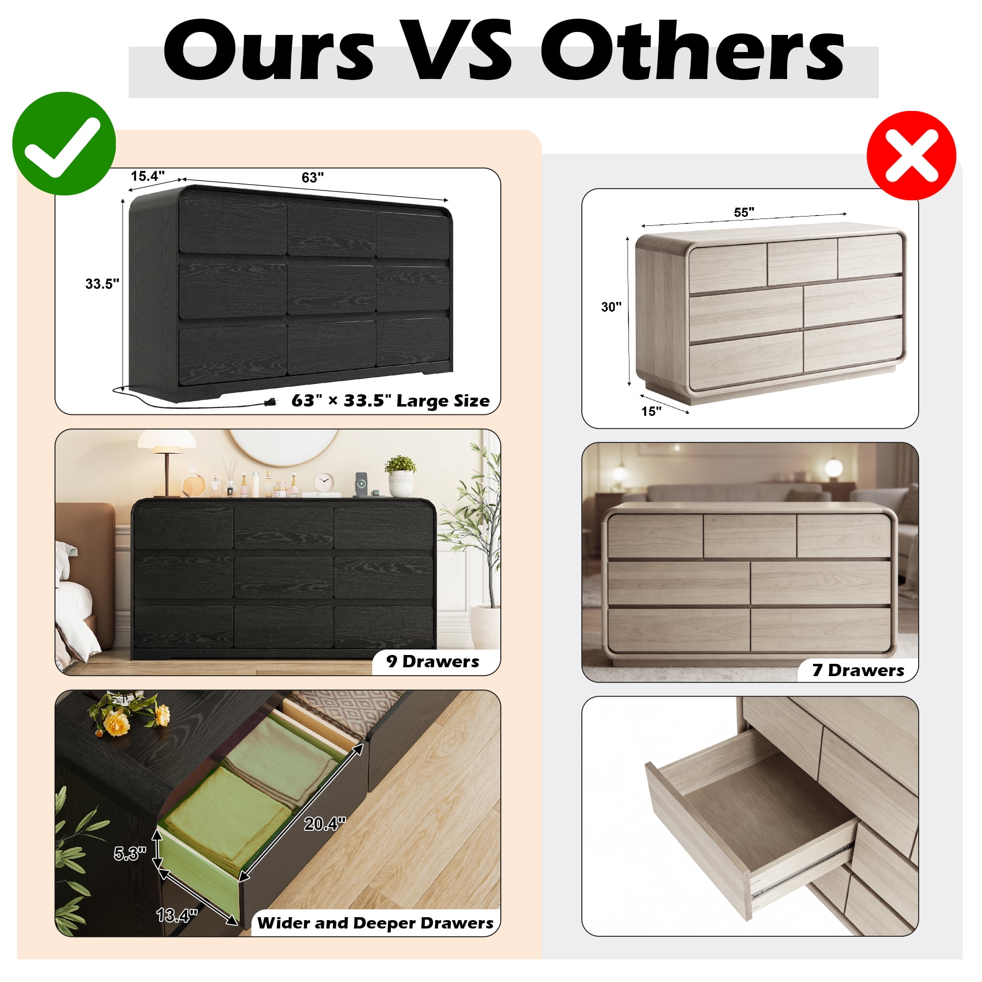 ANPOO 9 Drawers Dresser for Bedroom, 63"W Dressers & Chest of Drawers w/Power Outlet, Curved Design, Wood Mid Century Storage Cabinet, Natural Texture, for Bedroom, Hallway, Black