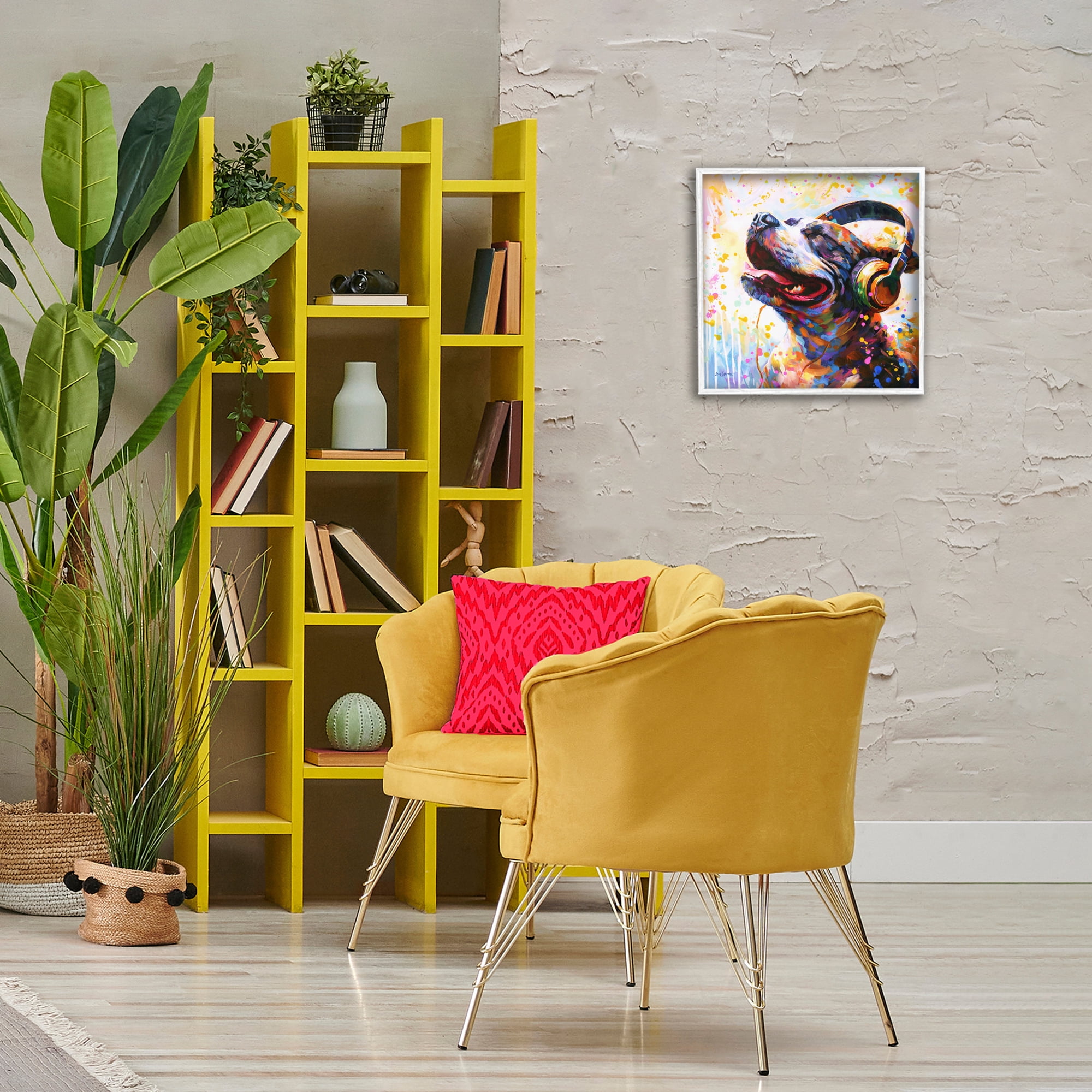 Stupell Industries Happy Dog & Headphones Animals & Insects Painting White Framed Art Print Wall Art, 17 x 17