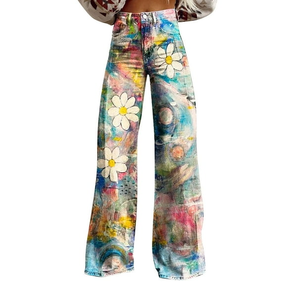 yunLCZ Womens Dress Pants Wide Leg Pants Woman High Waist Floral Patterned Pants Lightweight Loose Fit Casual Colorful Trouser Imitation Jeans Office Slacks
