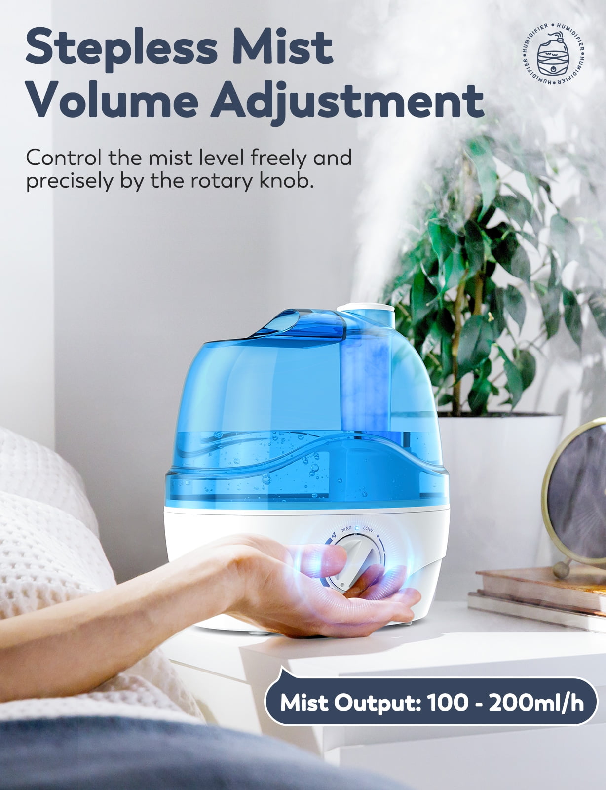 Cool Mist Humidifier, 6L Quiet Ultrasonic Humidifier for Bedroom (Customized Humidity, Remote Control, Sleep Mode & Auto Shut Off, 360° Nozzle)