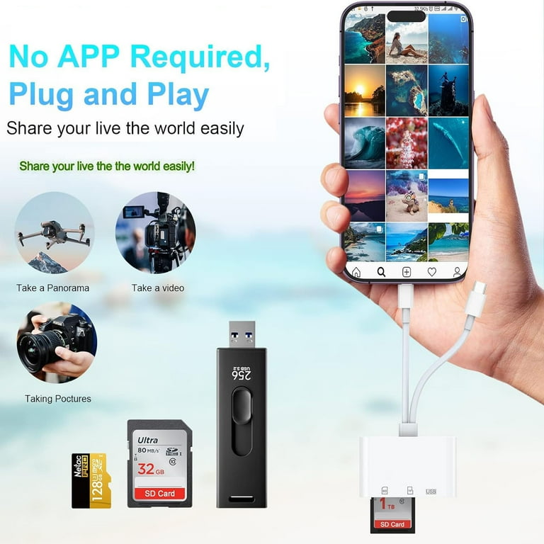 SD Card Reader, 3-in-2 Lightning to USB Adapter SD Card for iPhone iPad with SD/TF Card USB 3.0 Adapter, Memory Card Reader