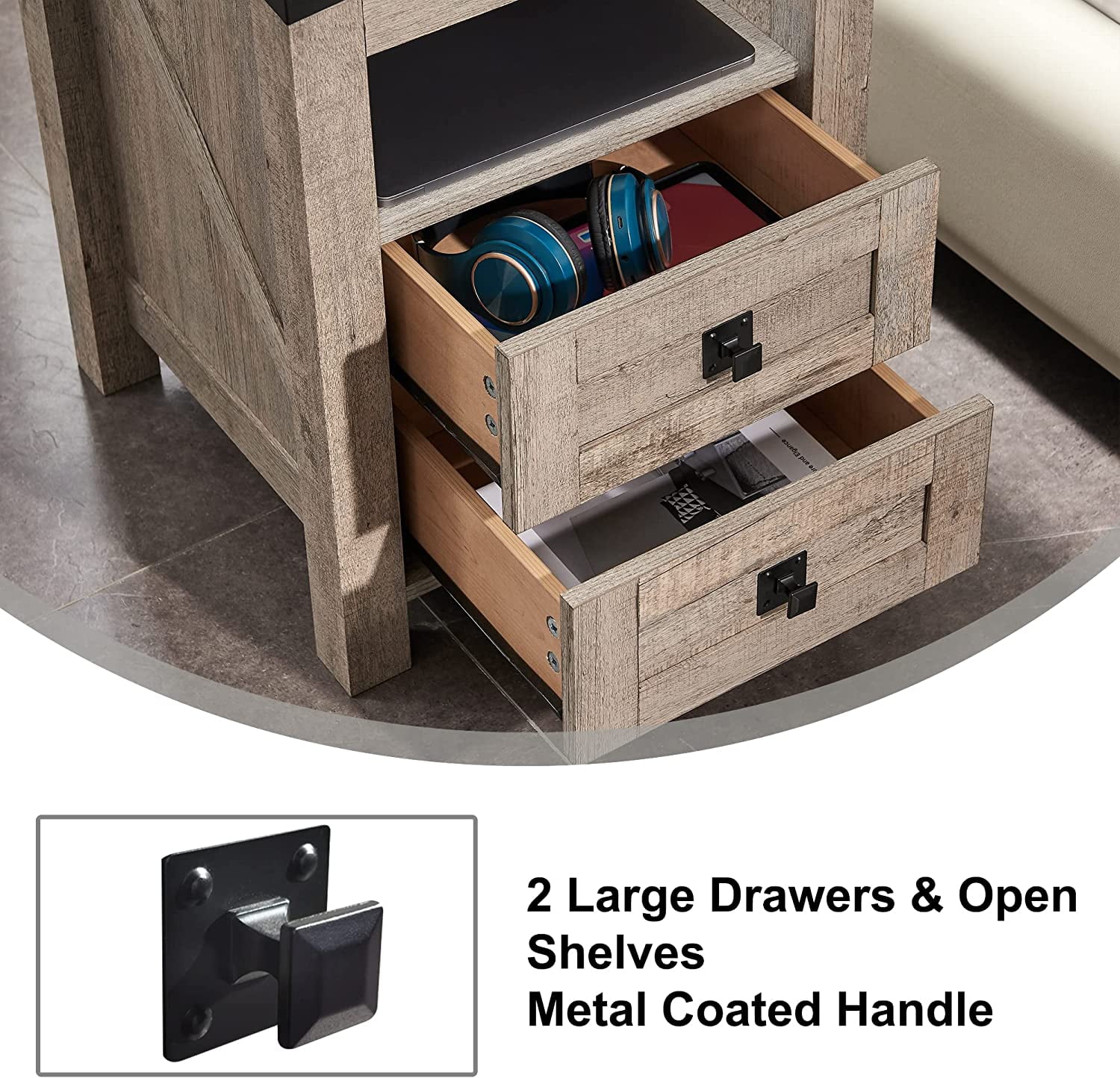 OKD Farmhouse Nightstand with Charging Station for Bedroom, 2-Drawer Rustic End Tables for Living Room, Light Rustic Oak