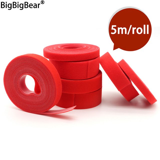 5m/roll Cable Ties Reusable Loop Bundle Self Adhesive Red Nylon Strap Organizer Clip Wire Holder Management Fastening Tape width 15mm 2 rolls