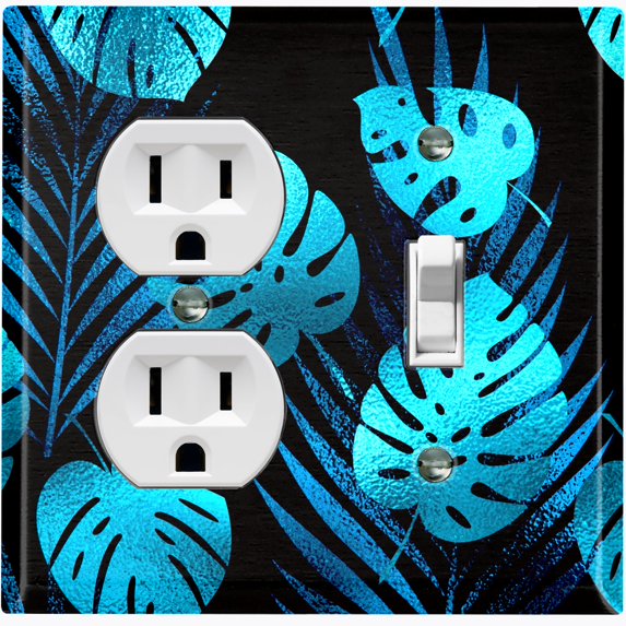 Metal Light Switch Plate Cover Tropical Jungle Palm Leaves Blue Black JGL011