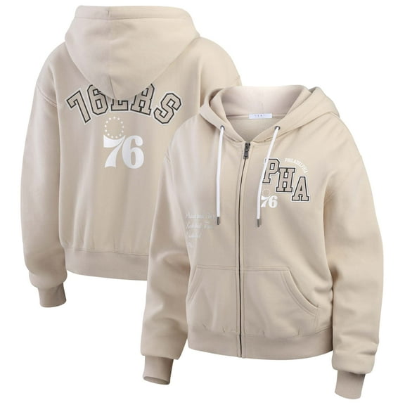 Women's WEAR by Erin Andrews Cream Philadelphia 76ers Plus Size Tonal Felt Patch Full-Zip Hoodie