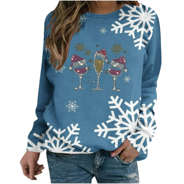 Camiseta de manga larga suelta con cuello redondo y copa de vino tinto con estampado navideño para mujer Fridja FKASFK1447