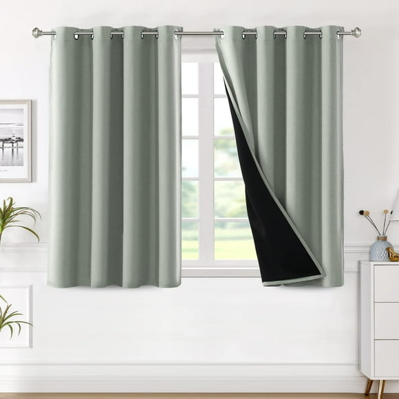 100% Blackout Curtain Panels 45 Inches Long Thermal Insulated Blackout Lined Curtains for Bedroom Full Light Blocking Drapes for Living Room with Black Liner, 2 Panels, Sage