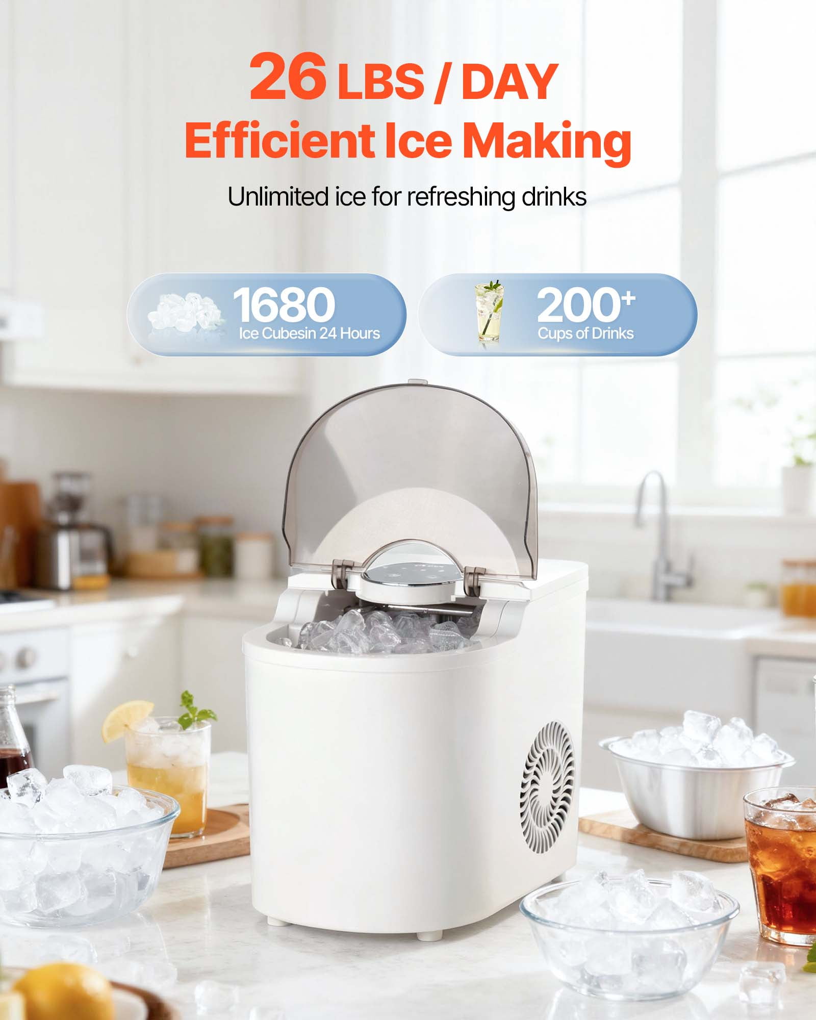 VEVOR Countertop Ice Maker, 7 Cubes Ready in 6 Mins, 26 lbs per Day, Self-Cleaning Portable Machine with Ice Scoop, Ice-Making Machine with 2 Sizes Bullet Ices for Home, Kitchen, Office, Bar & Party