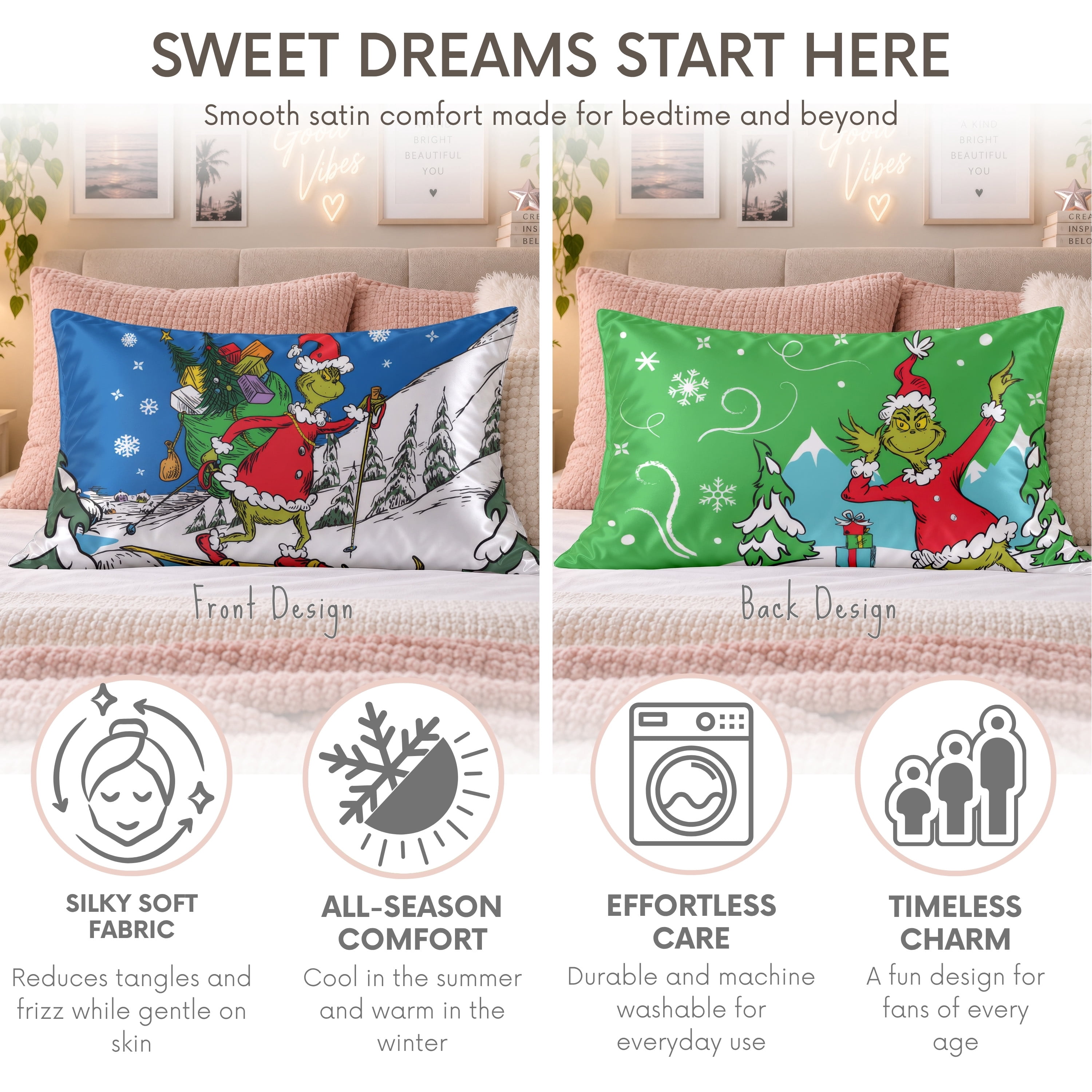 Grinch Reversible Silky Satin Pillowcase, Standard Size, 1-Pack