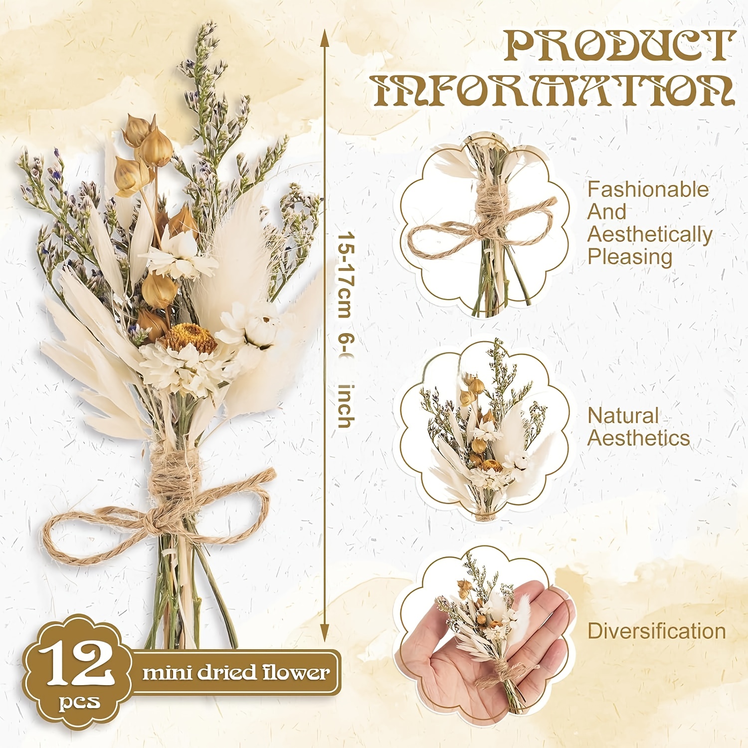 24Pcs Mini Dried Flower Bouquet, 6 Inch Small Dried Flowers With Soft Beige &White Tones, Daisies, Baby’s Breath, Perfect For Boho Wedding Decor, Rustic Wedding Decor, Vase Arrangements, Home Decor