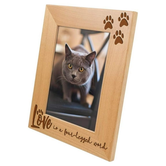 Love is a Four-Legged Word-Wood Engraved Pet Picture Frame with Glass,Dog Picture Frame,Cat Picture Frame,Dog Mom,Cat Dad,Paw Print,Pet Memorial Picture Frame,Pet Lover Gift (4x6 Vertical)