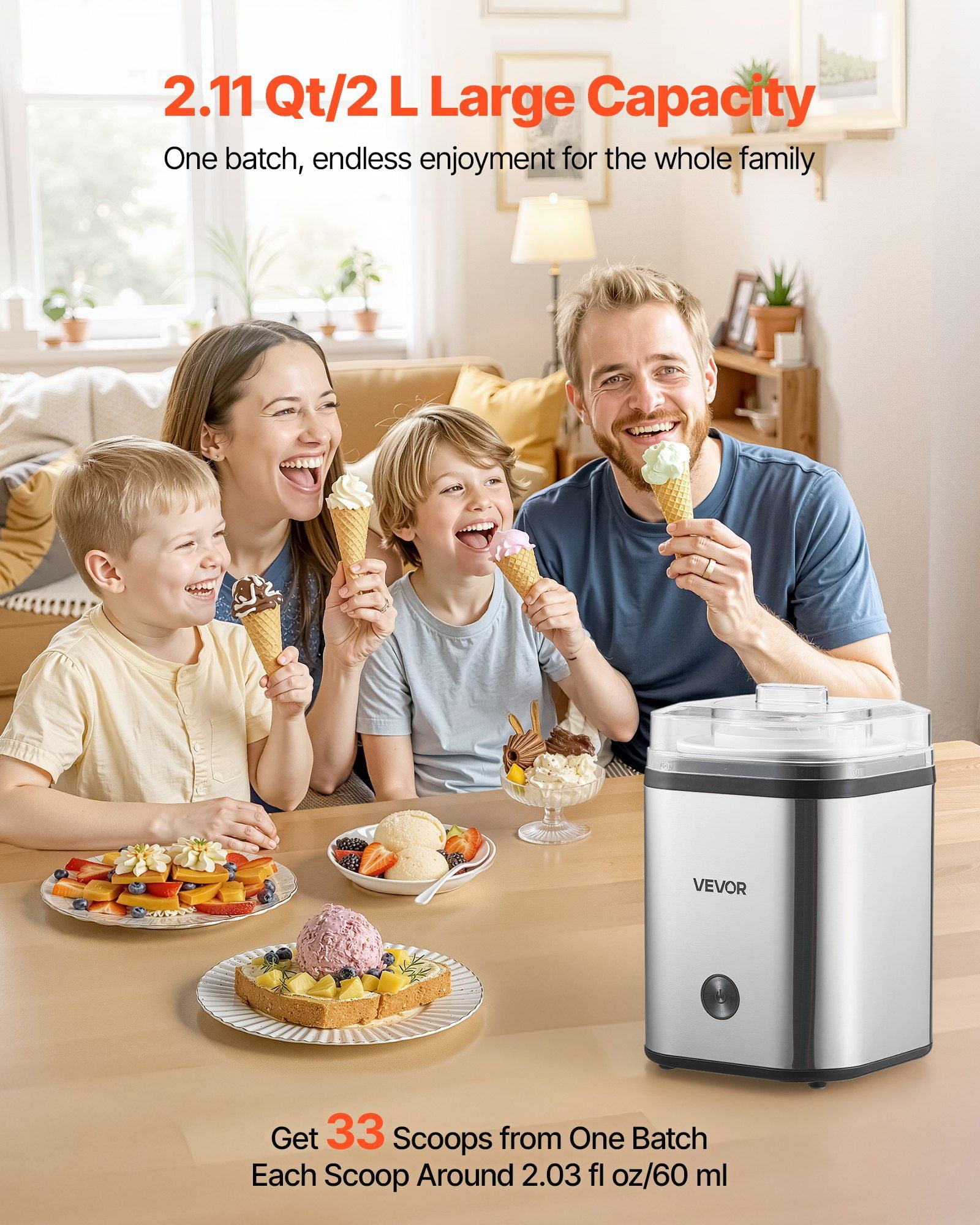 Ice Cream Maker, 2.11 Qt. Large Capacity, Electric Automatic Ice-Cream Machine, with Easy Operation & Cleaning, Stainless Steel Shell, for Homemade Frozen Yogurt, Fruit Sorbet, Gelato, Silver