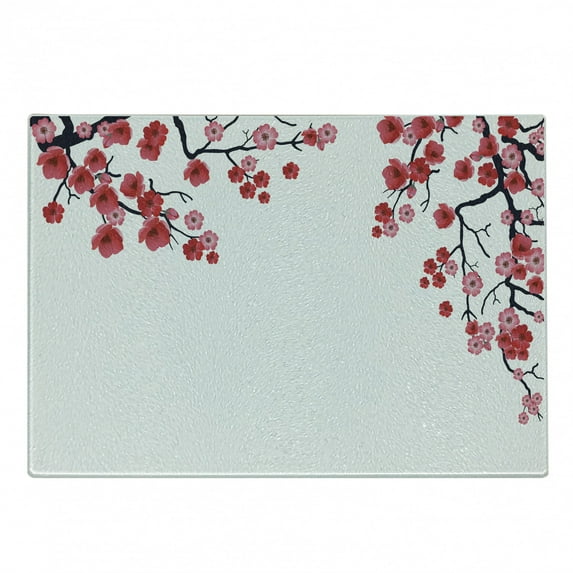 Floral Cutting Board, Illustration of Flowering Branch Sakura Traditional Floral Art Print, Decorative Tempered Glass Cutting and Serving Board, Small Size, Pink White Dark Purple, by Ambesonne