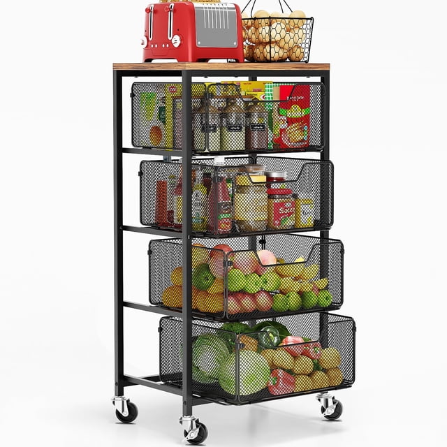 Carrito de cocina con ruedas Goovilla de 4 niveles con cajones, negro