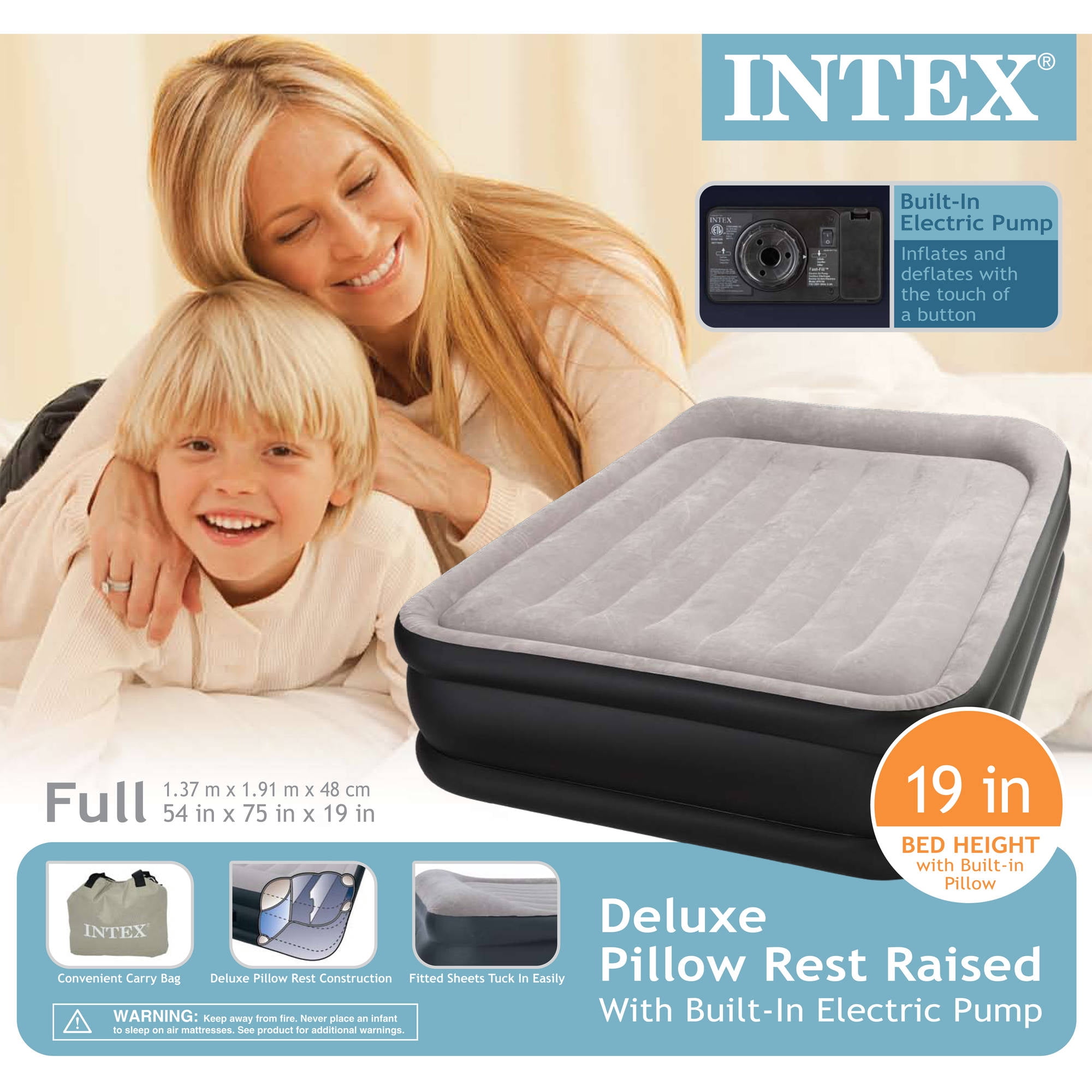 Intex Deluxe Raised Pillow Rest Airbed Mattress with Built in Pump 