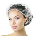 thumbnail image 1 of Gorro de ducha desechable, 100 unidades de gorros de ducha grandes y gruesos, impermeables, de plástico transparente, elásticos, gorros de baño para mujeres, 1 of 5