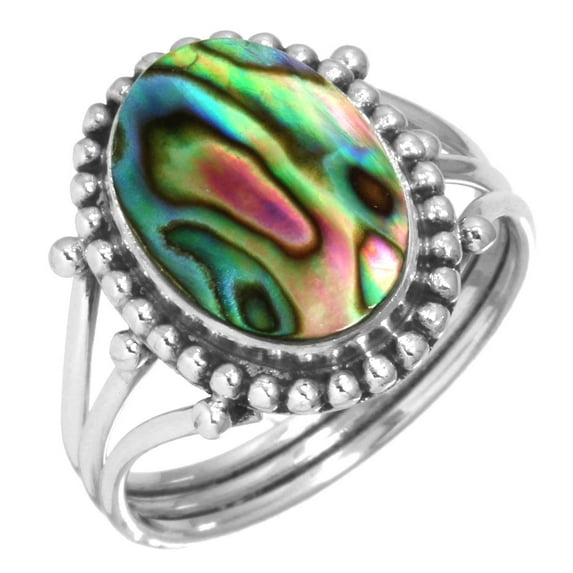 925 Sterling Silver Ring For Women - Girls Multicolor Genuine Abalone Shell Gemstone Silver Ring Size 8.5 Elegant Silver Ring Size 8.5 Thanksgiving Gift For Women 925 Silver Gemstone Jewelry
