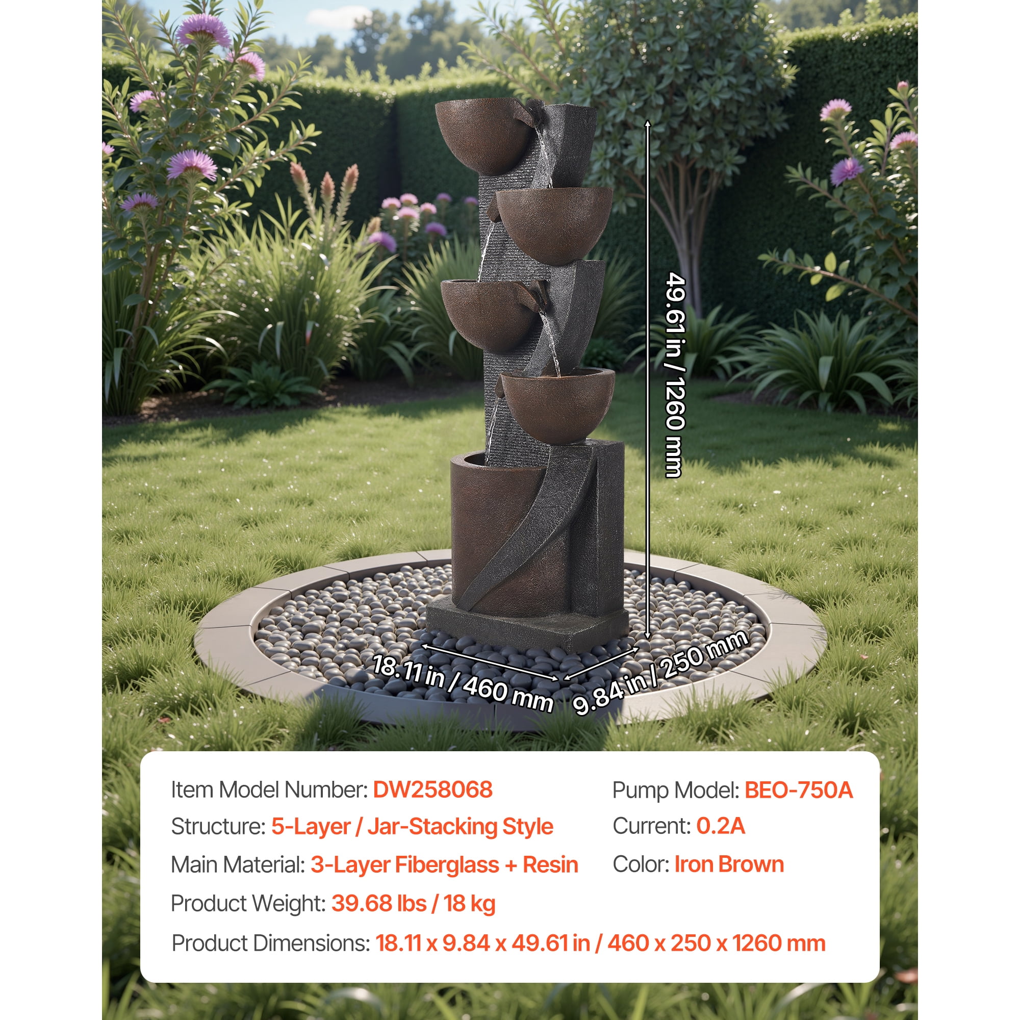 KFFKFF Outdoor Water Fountain, 49.61 in Tall, 5-Tier Jar-Shaped Cascading Design with LED Light and Pump, Ideal for Garden, Patio, Home, and Backyard Use