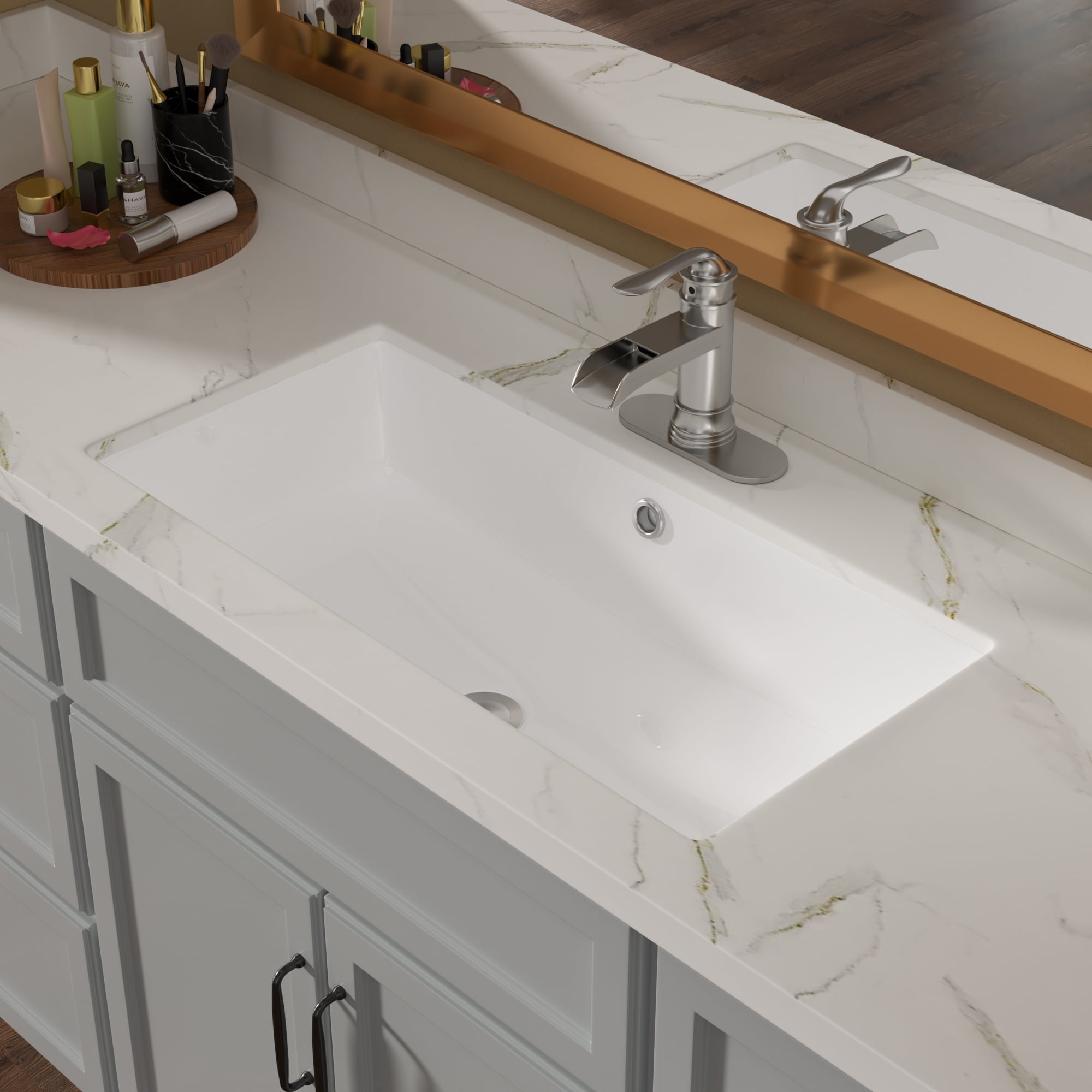 28"×14"×6.25" White Ceramic Rectangular Undermount Bathroom Sink with Overflow Hole