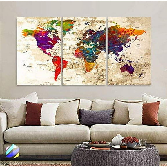 Original by BoxColors LARGE 30"x 60" 3 panels 30x20 Ea Art Canvas Print Watercolor Multi Color Old Map World Push Pin Travel Wall home office decor (framed 1.5" depth) M1816
