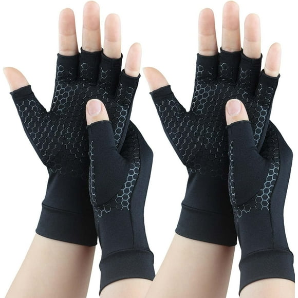 2 Pairs Copper Arthritis Gloves for Carpal Tunnel Pain Relief, Compression Gloves to Alleviate Hand Pain, Swelling, Fingerless Computer Typing Gloves for Rheumatoid, Tendonitis Women & Men