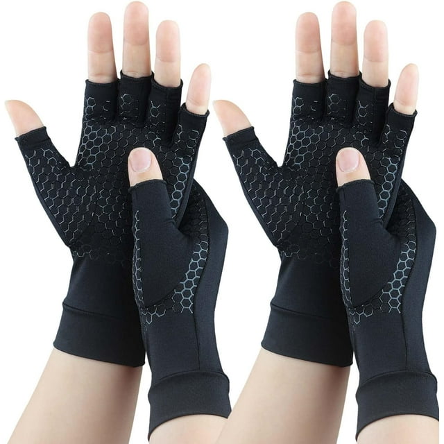 2 Pairs Copper Arthritis Gloves for Carpal Tunnel Pain Relief, Compression Gloves to Alleviate Hand Pain, Swelling, Fingerless Computer Typing Gloves for Rheumatoid, Tendonitis Women & Men