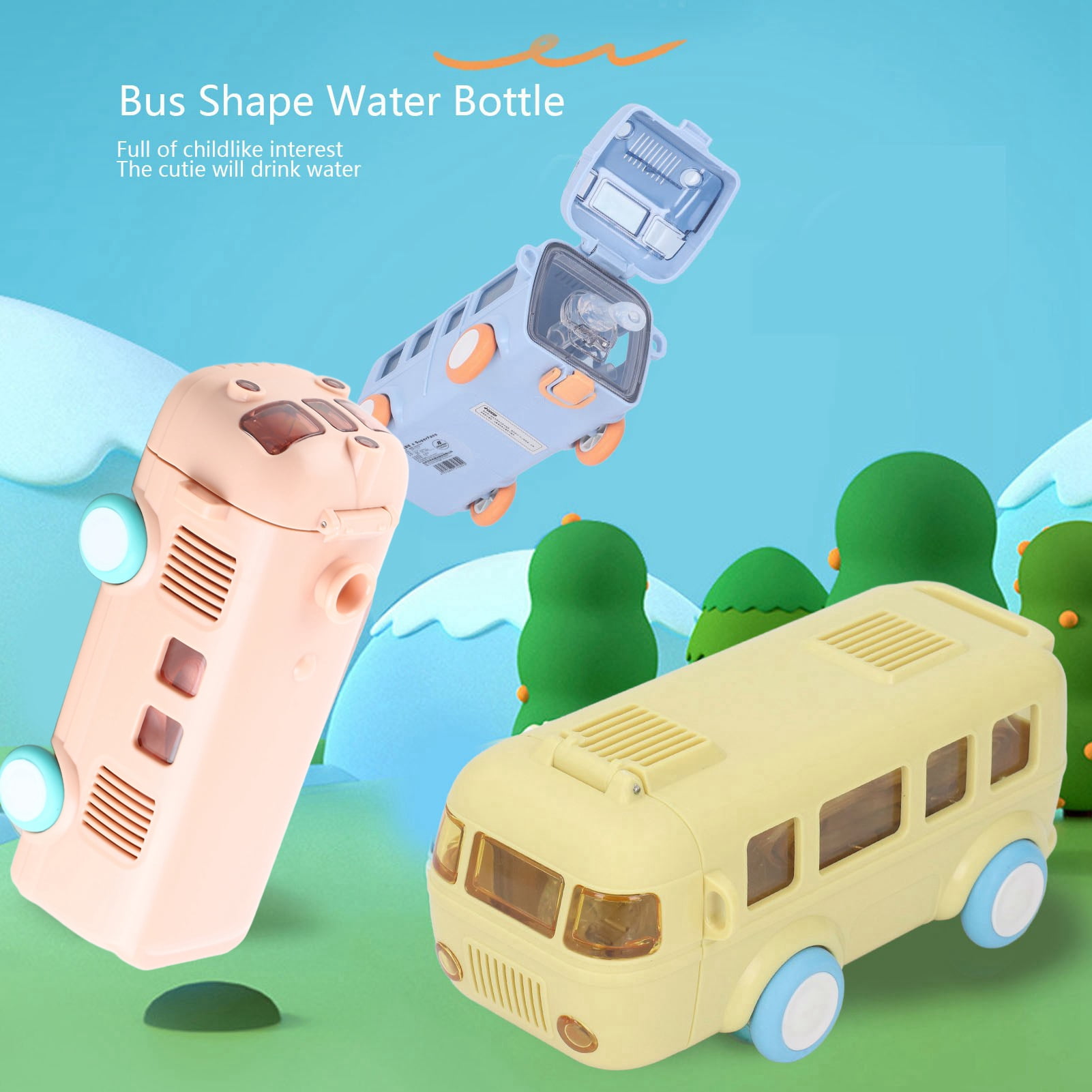 Rupoun Bus Shape Water Bottle with Straw Cute School Bus Portable Leak Proof Tritan Water Cup For Toddler Travel Pink 16.9 oz / 500ml