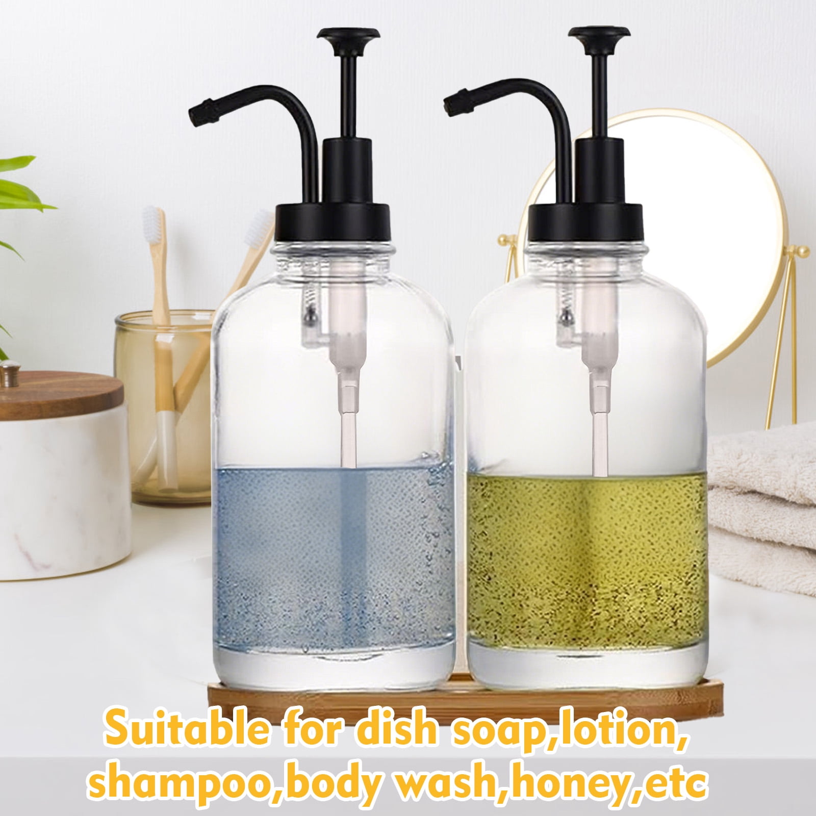 GIRACOA Glass Soap Dispenser with Black Pump, 2 Pack Clear Foam Pump Soap Dispenser with Bamboo Tray 500ml 18oz / Each Bottle