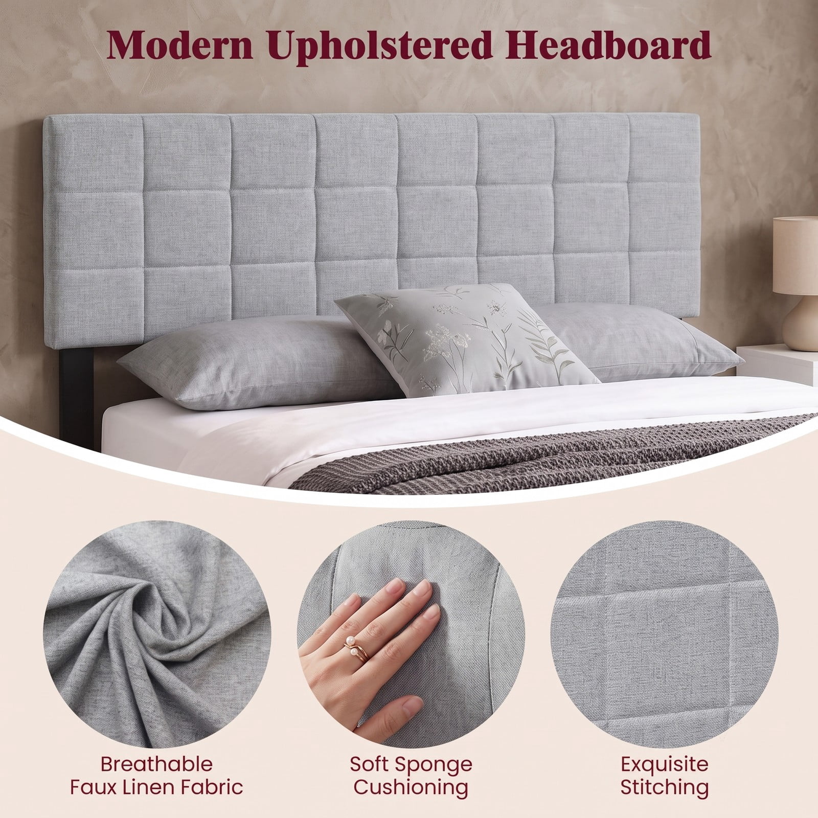 Furnibear Upholstered Headboard for Full and Queen Bed Frame, Quilted Grid Linen Panel with Adjustable Legs for Bedroom, Gray