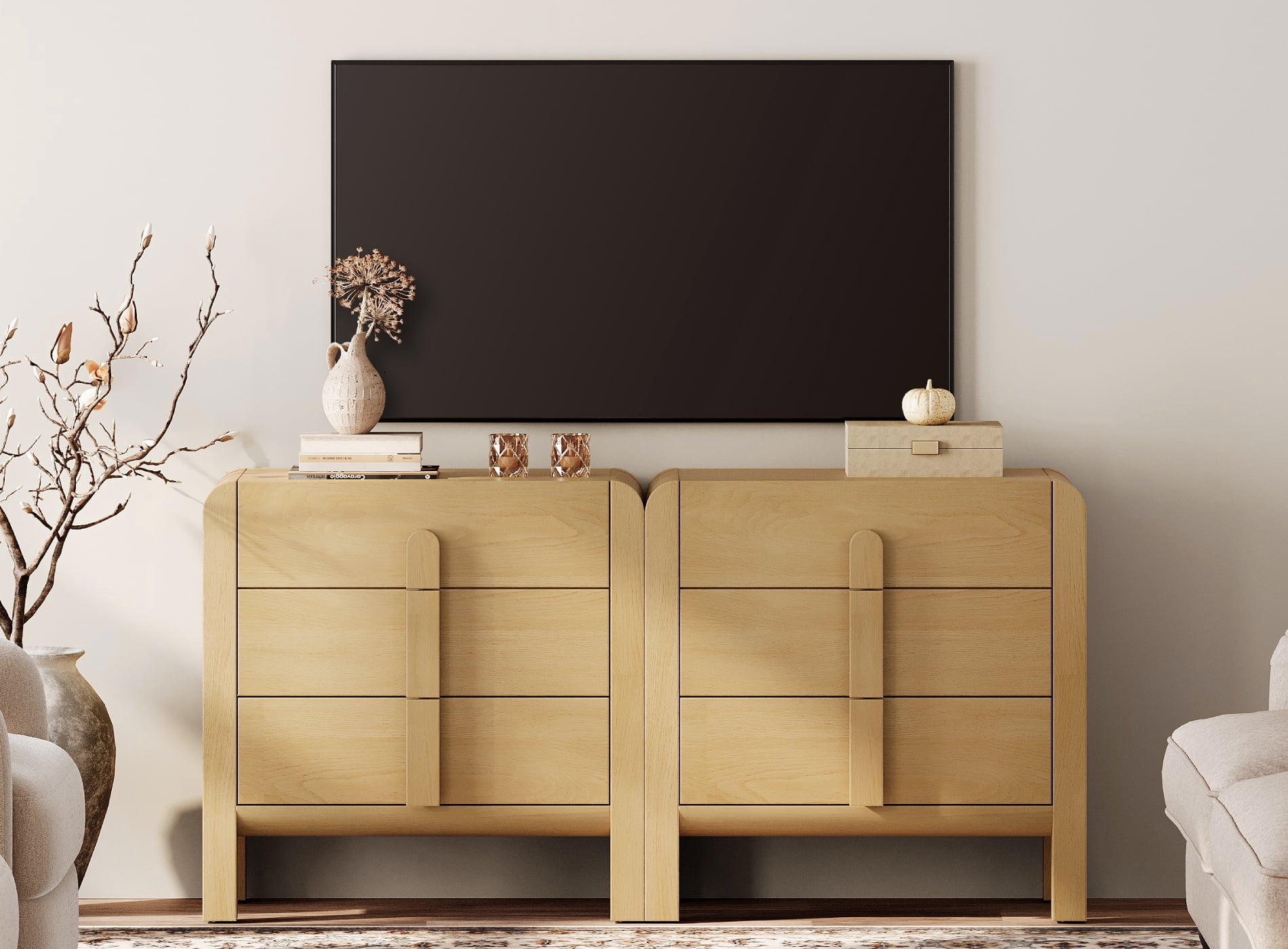 Modern Dresser TV Stand for TVs up to 75 Inch, Cruved Entertainment Center, Wood TV Console with Storage for Living Room